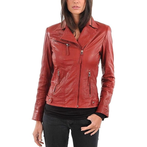 QAWACH Women Leather Jacket - Lambskin Winter Vintage Red Color Motorcycle Biker Jacket, Moto Riding & Racing Jackets L Size NB-WJ-01