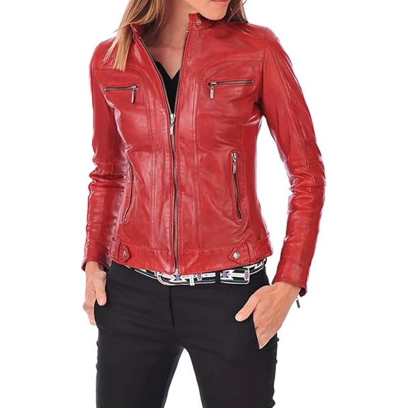 QAWACH Women Leather Jacket - Lambskin Winter Vintage Red Color Motorcycle Biker Jacket, Moto Riding & Racing Jackets S Size