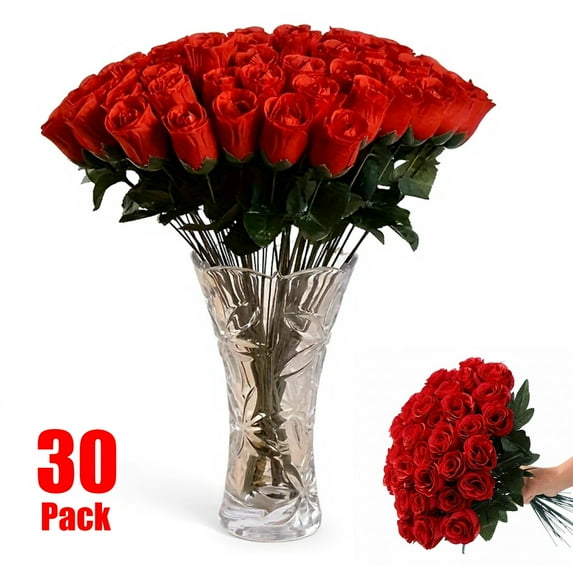 QAWAEY 30 PCS Artificial Flowers Realistic Roses for Home Wedding Decoration Party Red(C,Plastic)