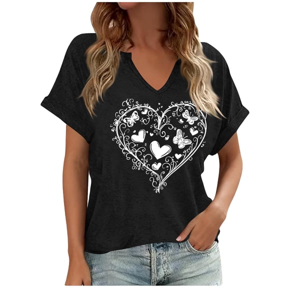QAWAEY Ladies' Printed Small V-neck Short Sleeved T-shirt Loose Top(L,95%Polyester,5%Spandex)
