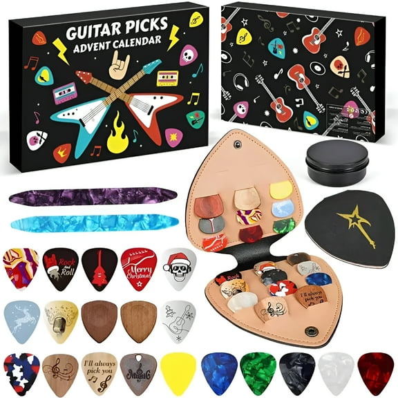 QAYOZ Guitar Picks Advent Calendar 2025,24 Days Christmas Countdown Calendar with Guitar Picks,Capo,Tuner,Strings&Accessories Set Gift for Guitar,Bass,Ukulele Players