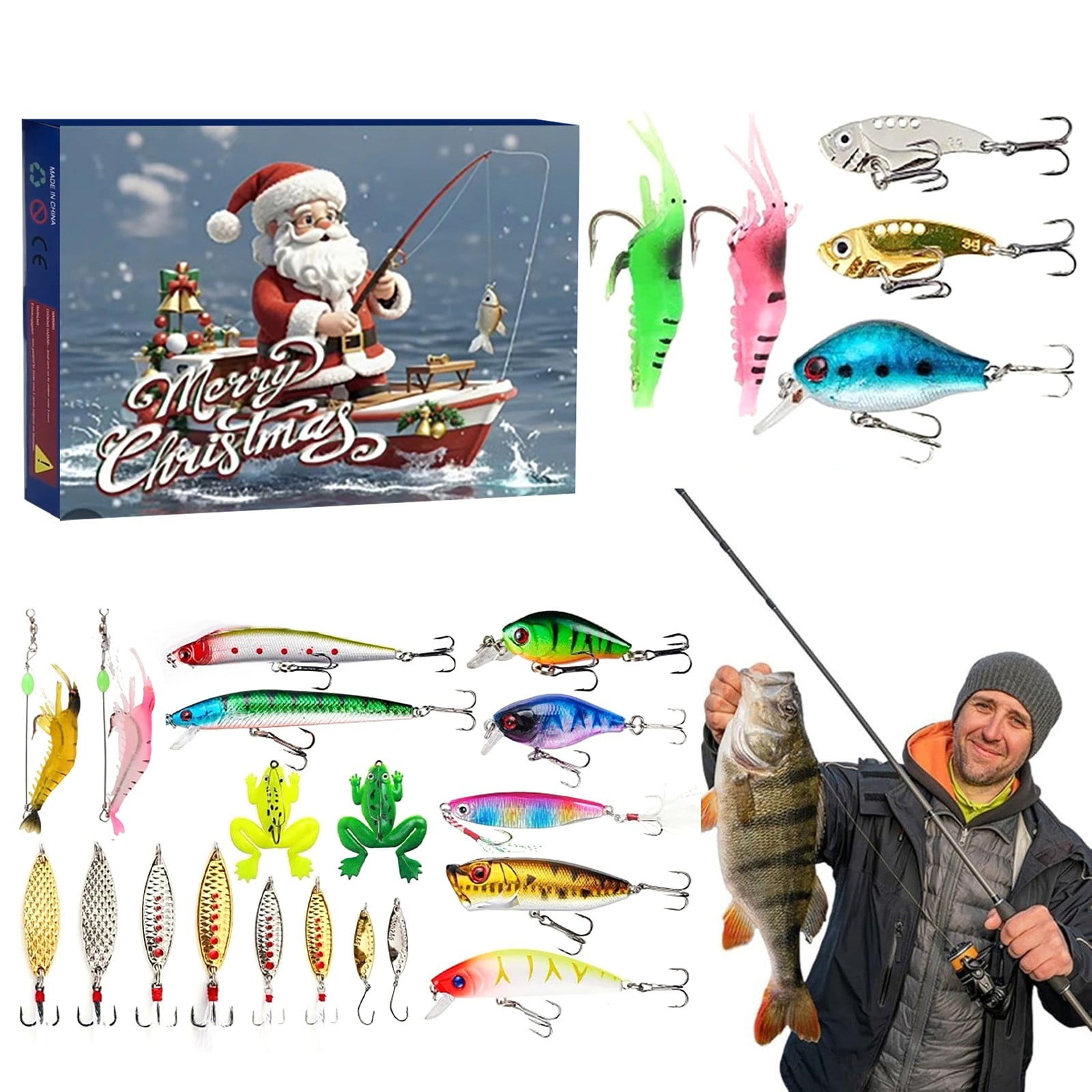 QAZIWE 24 Days Advent Calendar Fishing Christmas Countdown Fishing Set