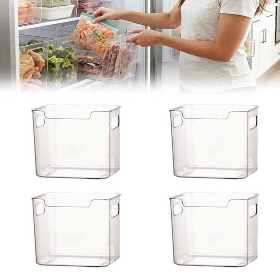 QAZbgdl Freezer Storage Bins 4 Pack | Clear Plastic Organizer for Refrigerator Pantry Kitchen Cabinet | Stackable Storage Bins with Handles for Food Meat Veggies | Cold Storage Container for Home