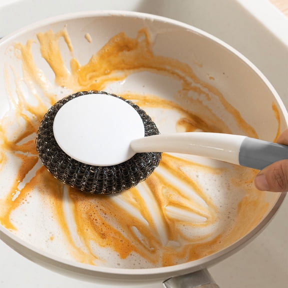 QAZbgdl Long Handle Pot Washing Brush for Kitchen - Dish Scrubber with Detachable Steel Wool Head - Heavy Duty Cookware Cleaner for Pots, Pans, Baking Sheets, and Grill Racks - Grip Scouring Tool