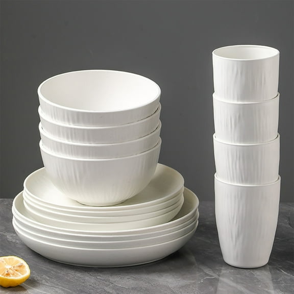 QAZbgdl Plastic Dinnerware Set 16-Piece - Wheat Straw Plates Bowls and Cups Set for Everyday Dining - Shatterproof Microwave and Dishwasher Safe Tableware for Home Kitchen Use - Lightweight Stackable