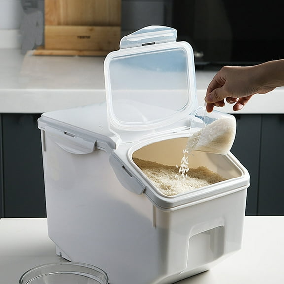 QAZbgdl Rice Storage Container with Measuring Cup for Grain Flour Pet Food - 10kg Capacity PP Kitchen Pantry Organizer with Wheels and Handle - Sealed Dry Food Bin for Rice Beans Cereal