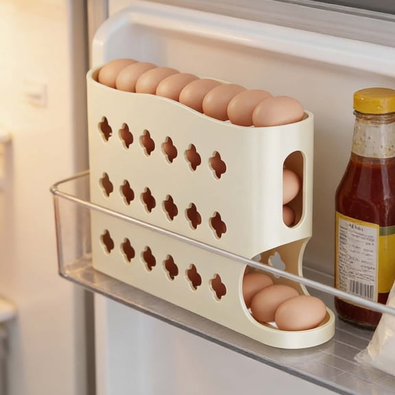 QAZbgdl Rolling Slide Egg Storage Box for Refrigerator Door | Stackable Clear Plastic Organizer with Removable Lid | Holds 12 Eggs | White or Beige