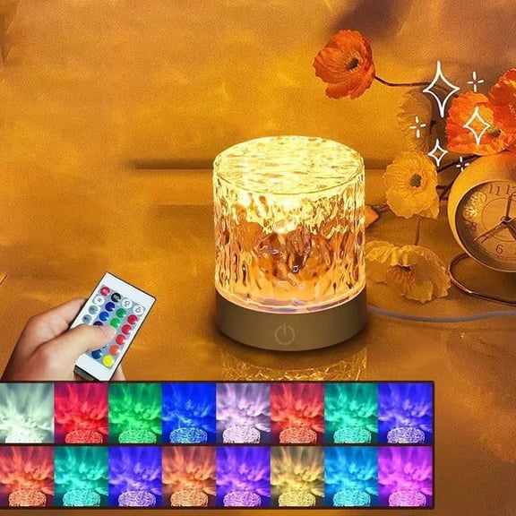 QAZbgdl Rotating Water Lamp with 16 Color Changing LED Lights | Wireless USB Rechargeable Bedside Table Lamp | Flame Effect Night Light for Bedroom, Living Room, Yoga Relaxation