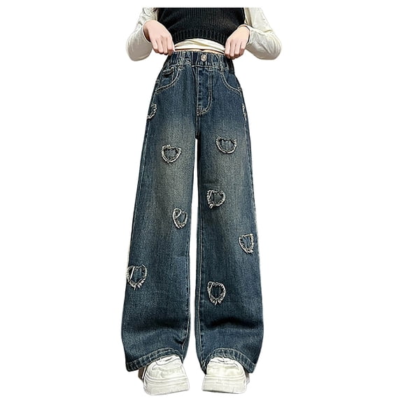 QBABYOO Baggy Jeans for Girls Wide Leg Kids Baggy Flare Denim Pants with Pockets Jeans For Teen Girls High Waisted Cute Clothes Y2k Outfits with Pockets, Blue 13-14Y
