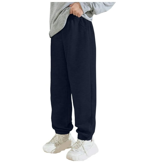 QBABYOO Boys Pants Size 6 Girls Black Sweatpants Fleece Lined Sweatpants Youth Jogger Athletic Pants Kids Pull-On Pants with Pockets(Navy,8-10 Years)