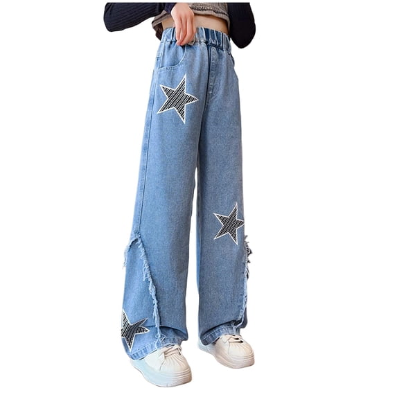 QBABYOO Girl's Denim Pants High Waisted Straight Leg Jeans with Pockets Girls Pants Size 10-12 Cute Bow High Elastic Waisted Denim Pants, Blue 5-6Y
