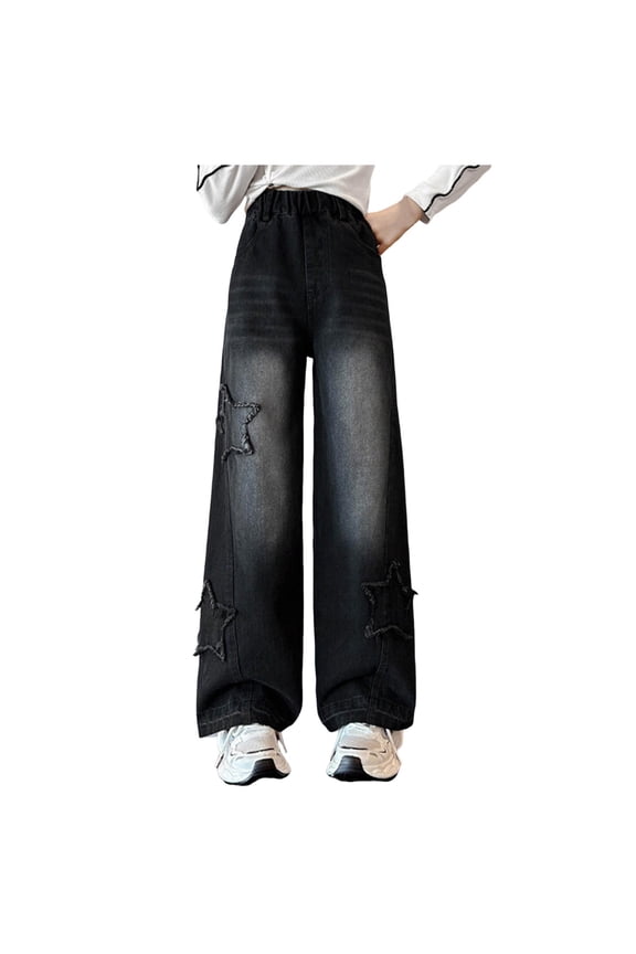 Girl's Denim Pants Ripped High Waist Elastic Band with Pockets Girls Wide Leg Jeans Y2K Boyfriend Skater Streetwear, Black 12-13Y