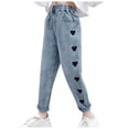 thumbnail image 1 of QBABYOO Girl's Denim Pants Wide Leg/Flare/Skinny Denim Pant with Pockets Girls Jeans Size 10-12 Cute Bow High Elastic Waisted Denim Pants, Dark Blue 10-12Y, 1 of 6