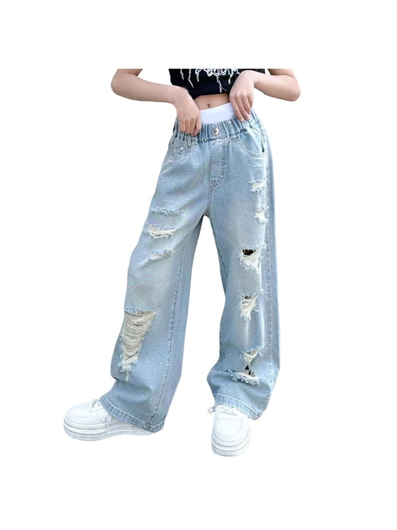 Girl's Denim Pants Wide Leg Ripped High Elastic Waisted Denim Pants with Pockets Jeans With Bows Y2K Boyfriend Skater Streetwear, Blue 5-7Y