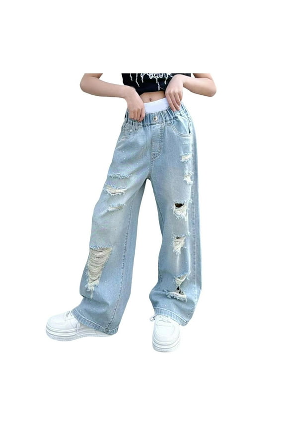 Girl's Denim Pants Wide Leg Ripped High Elastic Waisted Denim Pants with Pockets Jeans With Bows Y2K Boyfriend Skater Streetwear, Blue 9-10Y
