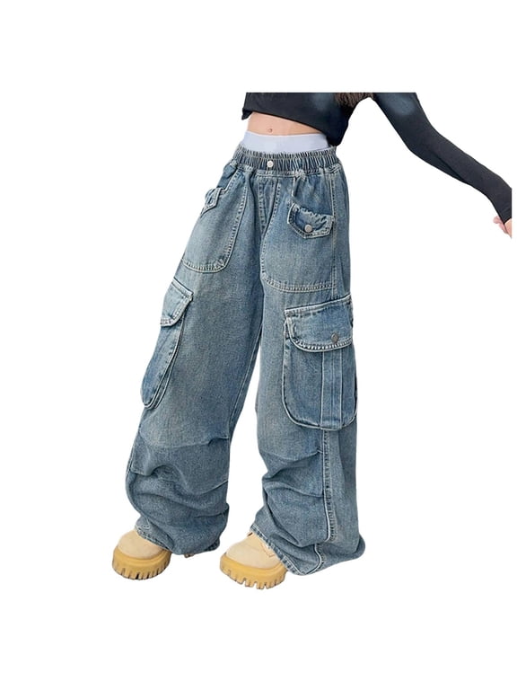 Girls Jeans Denim Ripped High Waist Elastic Band with Pockets Dance Outfits For Girls Cute Summer Trousers Y2K Streetwear, Blue 4-5T