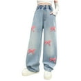 thumbnail image 1 of QBABYOO Girls Jeans Denim Wide Leg Ripped High Elastic Waisted Denim Pants with Pockets Girls Baggy Jeans Y2K Boyfriend Skater Streetwear, Pink 12-15Y, 1 of 9