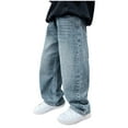 thumbnail image 1 of QBABYOO Teen Casual Straight Wide Leg Cargo Jeans with Pockets Boys Jeans Size 14 Elastic Waist Denim Pants Trousers Streetwear, Blue 7-8Y, 1 of 6