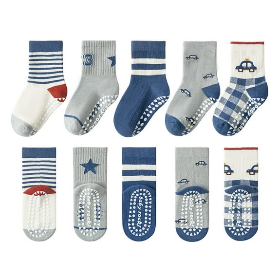 QBABYOO Toddler Boys Girls Non Slip Socks 5 Pairs Anti Skid Sticky Baby Socks Cotton Socks for 0-12 Years Little Kids Infants