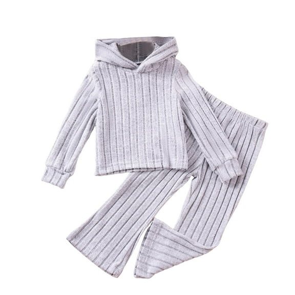 QBABYOO Toddler Girl 2-Piece Casual Set - Soft Skin-Friendly Hooded Knitted Sweater & Solid Long Sleeve Pants, Grey 1-2T