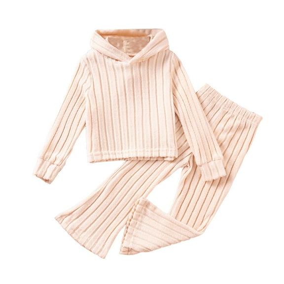QBABYOO Toddler Girl 2-Piece Casual Set - Soft Skin-Friendly Hooded Knitted Sweater & Solid Long Sleeve Pants, White 6-7 Years