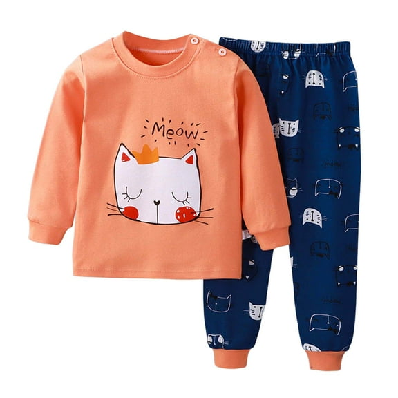QBABYOO Toddler Girl 2-Piece Home Clothes Set - Breathable Long Sleeve Top With Cute Cartoon Pattern, Orange 3-6 Months