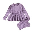 thumbnail image 1 of QBABYOO Toddler Girl Fall Winter 2-Piece Set - Solid Color Sweet Knit Bow Long Sleeve Blouse & Trousers, Purple 4-5T, 1 of 5
