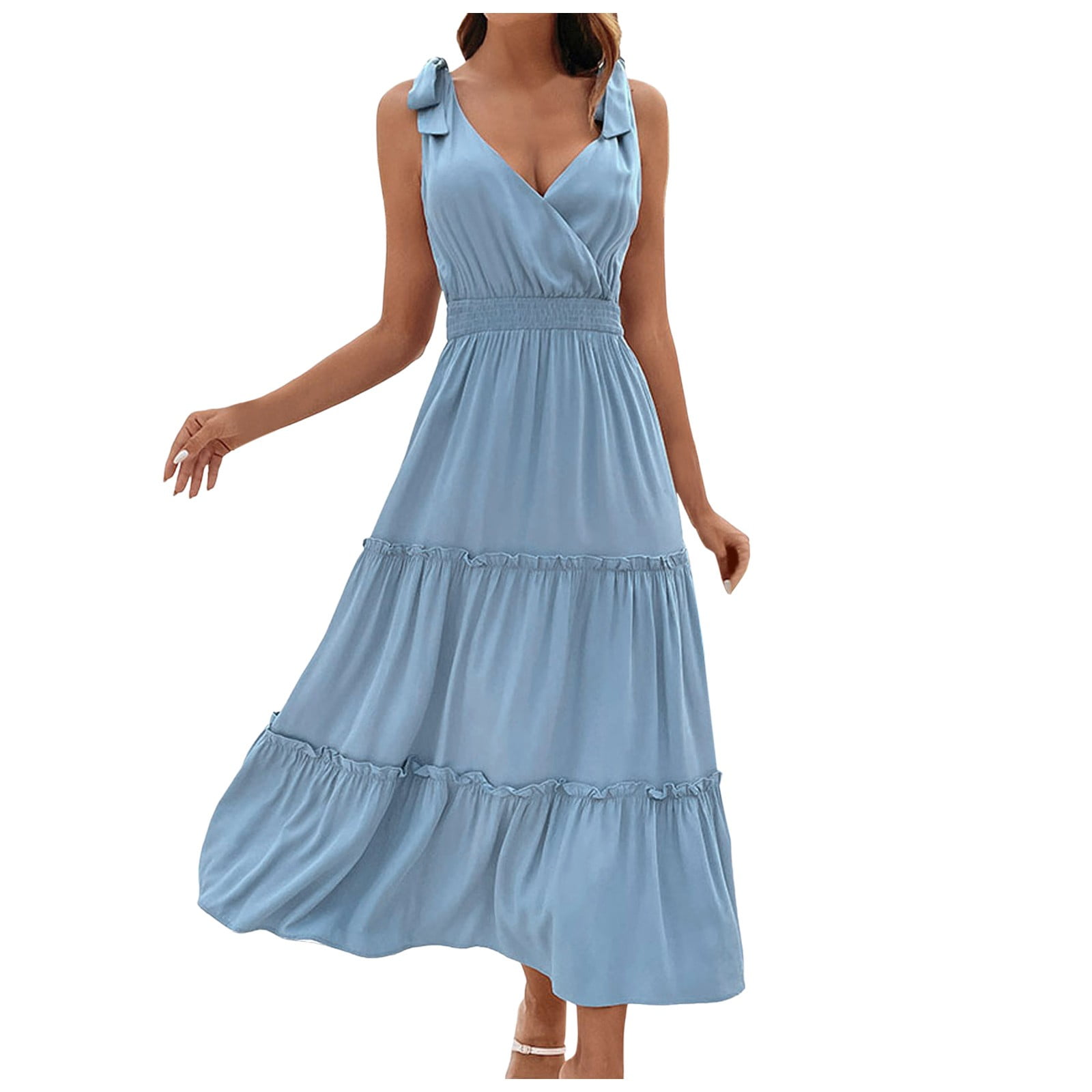 QBGSAY Dress Womens Neck Sleeveless Tiered Beach Tie Strap Smocked Maxi