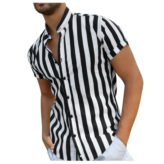 QBGSAY Mens Shirts Summer Casual Top Shirt Stand Striped Print Top Button Down Short Sleeve Fashion Shirt Classic And Comfortable Top