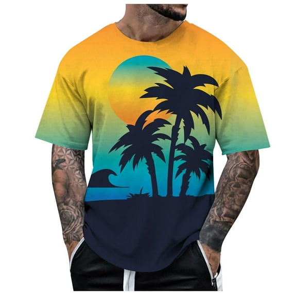 QBGSAY T-Shirt Male Men'S Short Sleeved Tropical Style Print T Shirt Cooling Tee