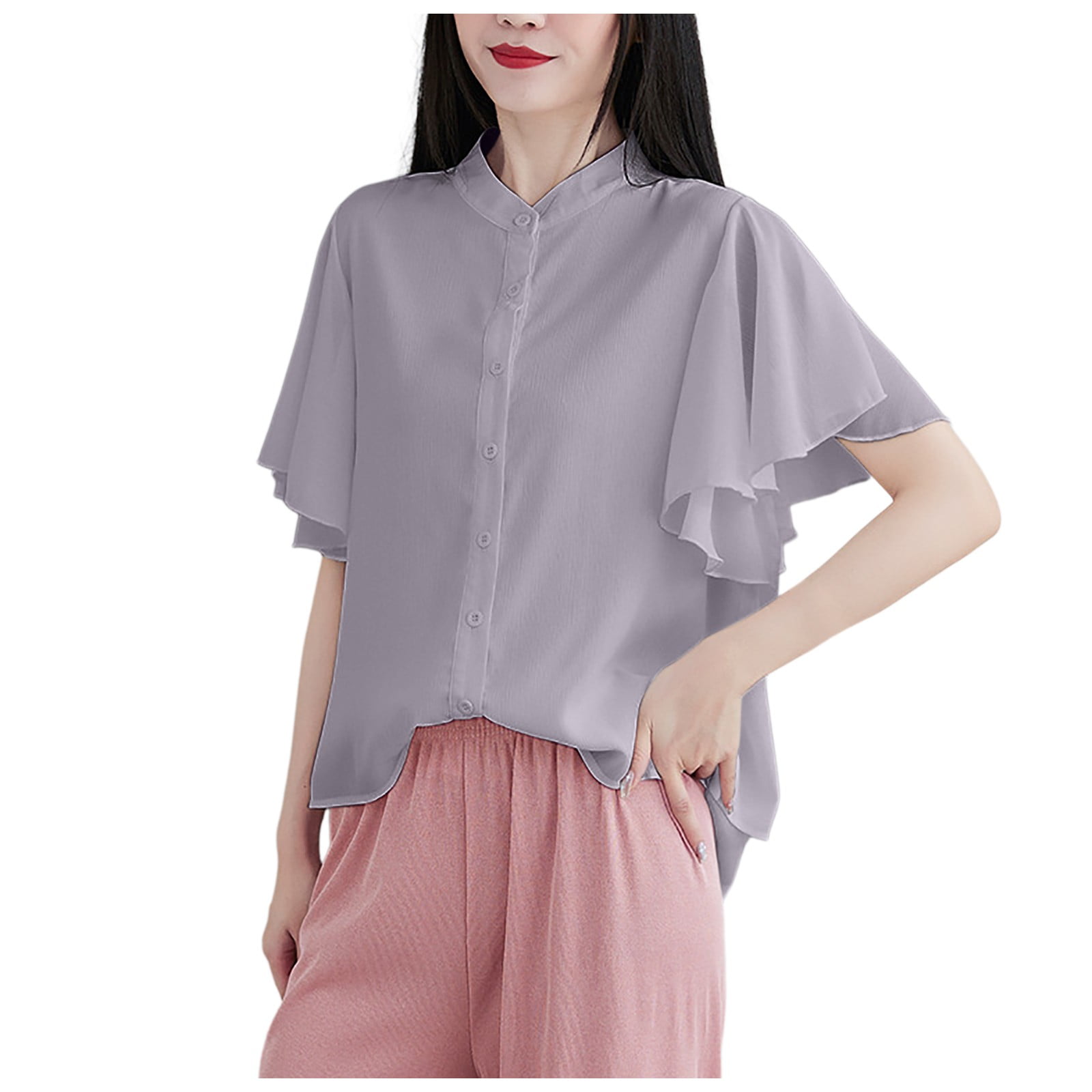 QBGSAY Women's TShirt Solid Color Stand Ruffled Loose Casual Shirt