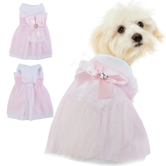 QBLEEV Dog Pink Wedding Dress for Small Medium Girl Dogs,Sweet Dog White Princess Dresses with Bowknot,Pet Lace Costume Summer Apparel Formal Clothes for Wedding