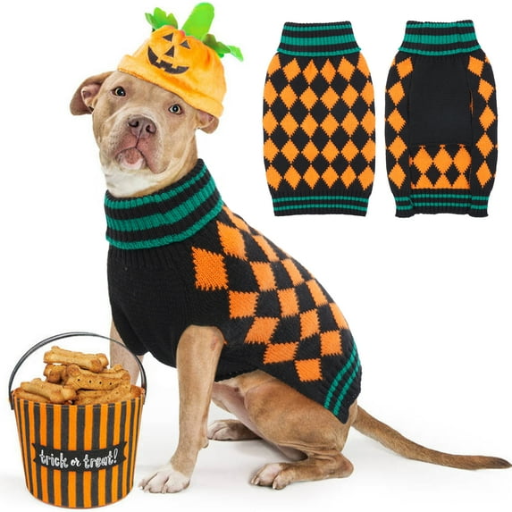 QBLEEV Pet Clothes The Halloween Orange Plaid Dog Sweater, Dog Knitwear Apparel, Pet Sweatshirt for Small and Medium Dogs