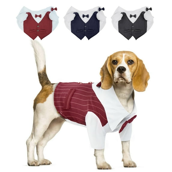 QBLEEV Striped Dog Tuxedo Suit with Tie for Wedding Birthday Party, Dog Suit Bow Tie Costume,Gentleman Dog Wedding Party Suit Pet Clothes for Small Dogs (wine red,XL)