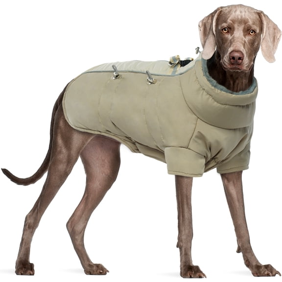 QBLEEV Warm Dog Winter Coat Windproof Cozy for Outdoor with Zipper Dog Cold Weather Jacket Fleece Lined for Large ,Small and Medium Dogs,Reflective Dog Clothes with Leash Hole,Beige,3XL