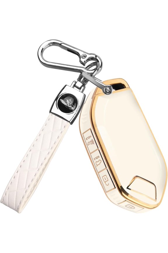 QBUC for Kia Key fob Cover,Soft TPU 360Car Key Case Protector with Leather Keychain Compatible with Kia Telluride 2023/2024 5 Buttons Smart Key (White)