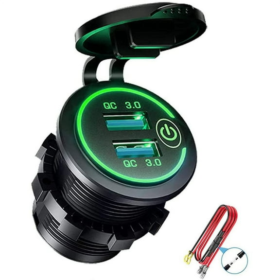 QC 3.0 Dual USB Charger Socket,Waterproof 12V/24V USB Outlet with Touch-Switch for Car, Marine,Boat,RV,,Green