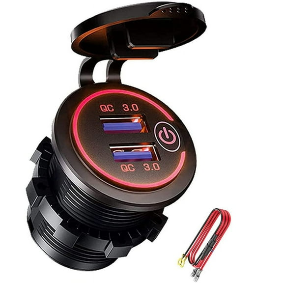 QC 3.0 Dual USB Charger Socket,Waterproof 12V/24V USB Outlet with Touch-Switch for Car, Marine,Boat,RV,,Red