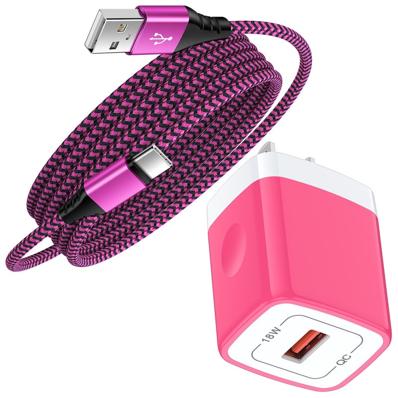 QC 3.0 Fast Wall Charger Block, 18W Phone Charger with 6FT Type-C Cable, Power Adapter Compatible with iPhone 17/16/15 Pro Max iPad Pro Galaxy S26 Android,Pink