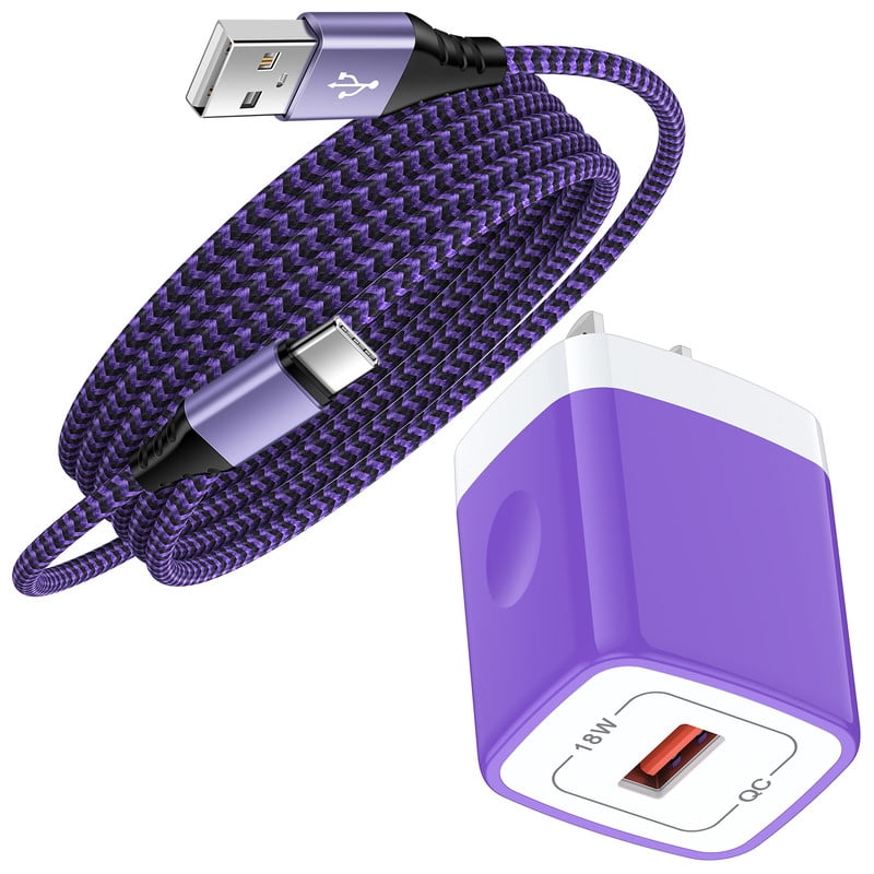 QC 3.0 Fast Wall Charger Block, 18W Phone Charger with 6FT Type-C Cable, Power Adapter Compatible with iPhone 17/16/15 Pro Max iPad Pro Galaxy S26 Android,Purple