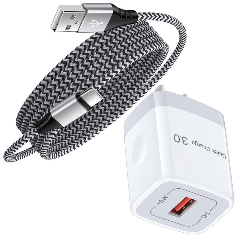 QC 3.0 Fast Wall Charger Block, 18W Phone Charger with 6FT Type-C Cable, Power Adapter Compatible with iPhone 17/16/15 Pro Max iPad Pro Galaxy S26 Android,White