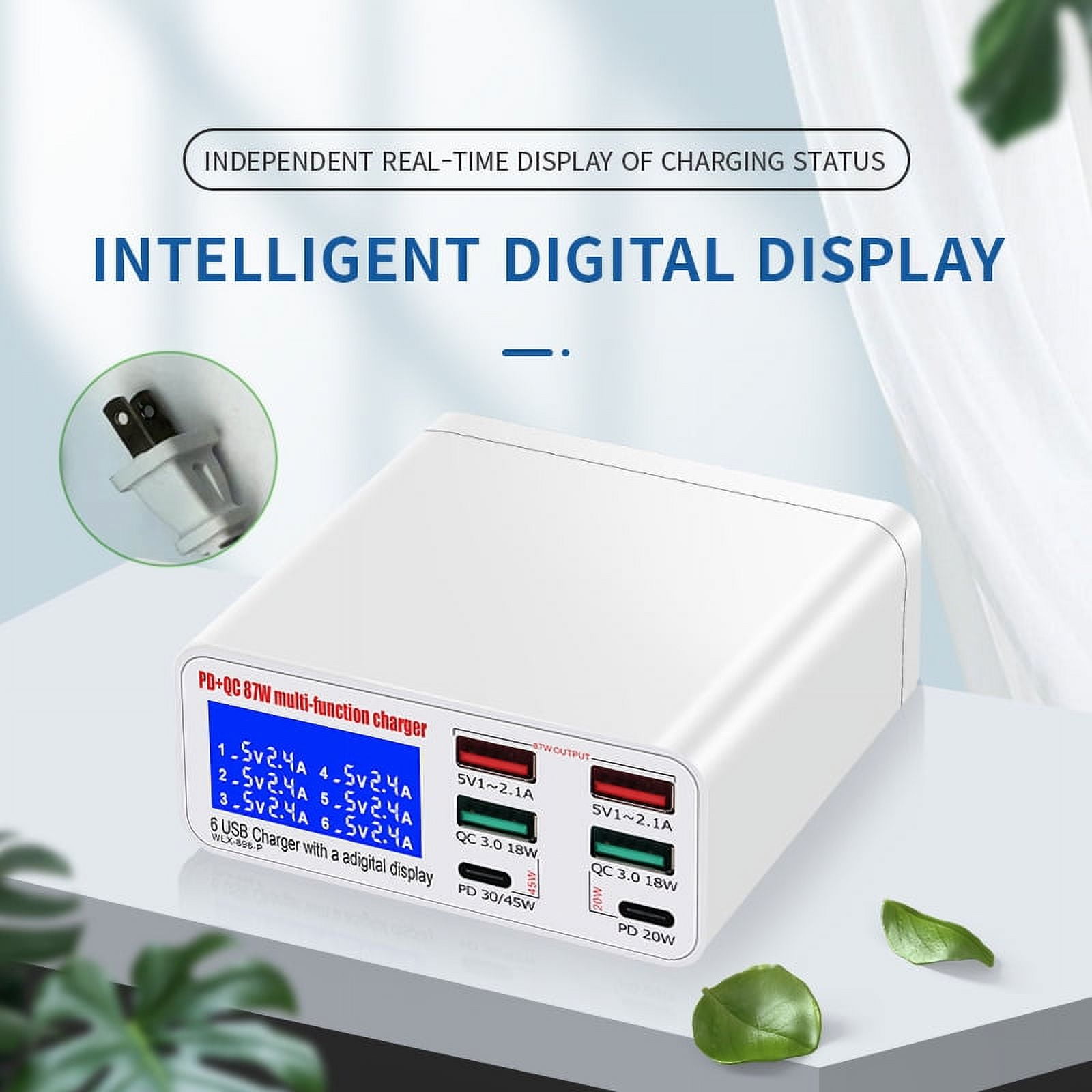 6 Ports USB Charger QC 3.0 Fast Charging Smart LCD Digital Display  Multi-Port Travel Charger Station Quick Charge USB Charging