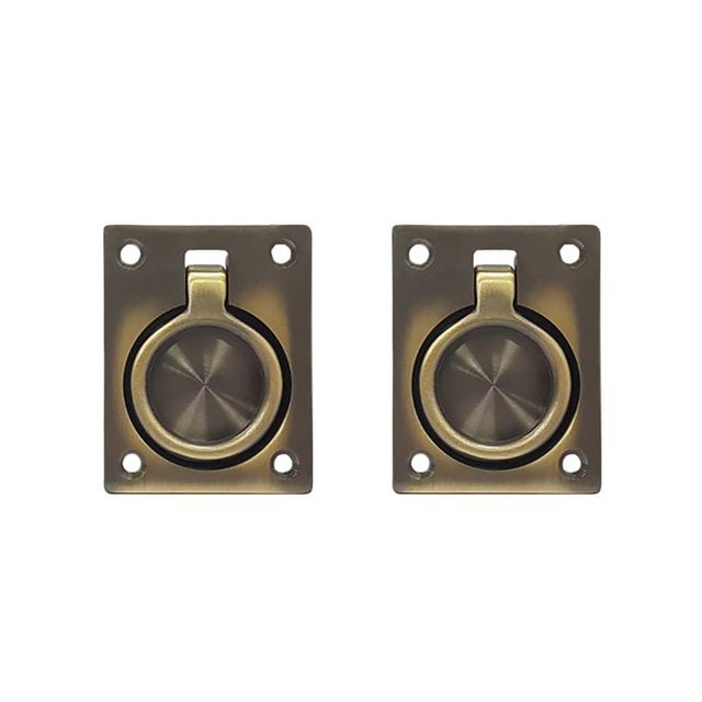 QCAA Solid Brass Flush Ring Pull, 2-1/2" x 1-7/8", Antique Brass, 2 Pack, Made in Taiwan