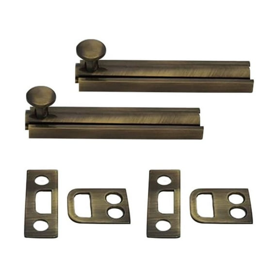 QCAA Solid Brass Surface Bolt 3", Antique Brass Brushed, Made in Taiwan, 2 Pack