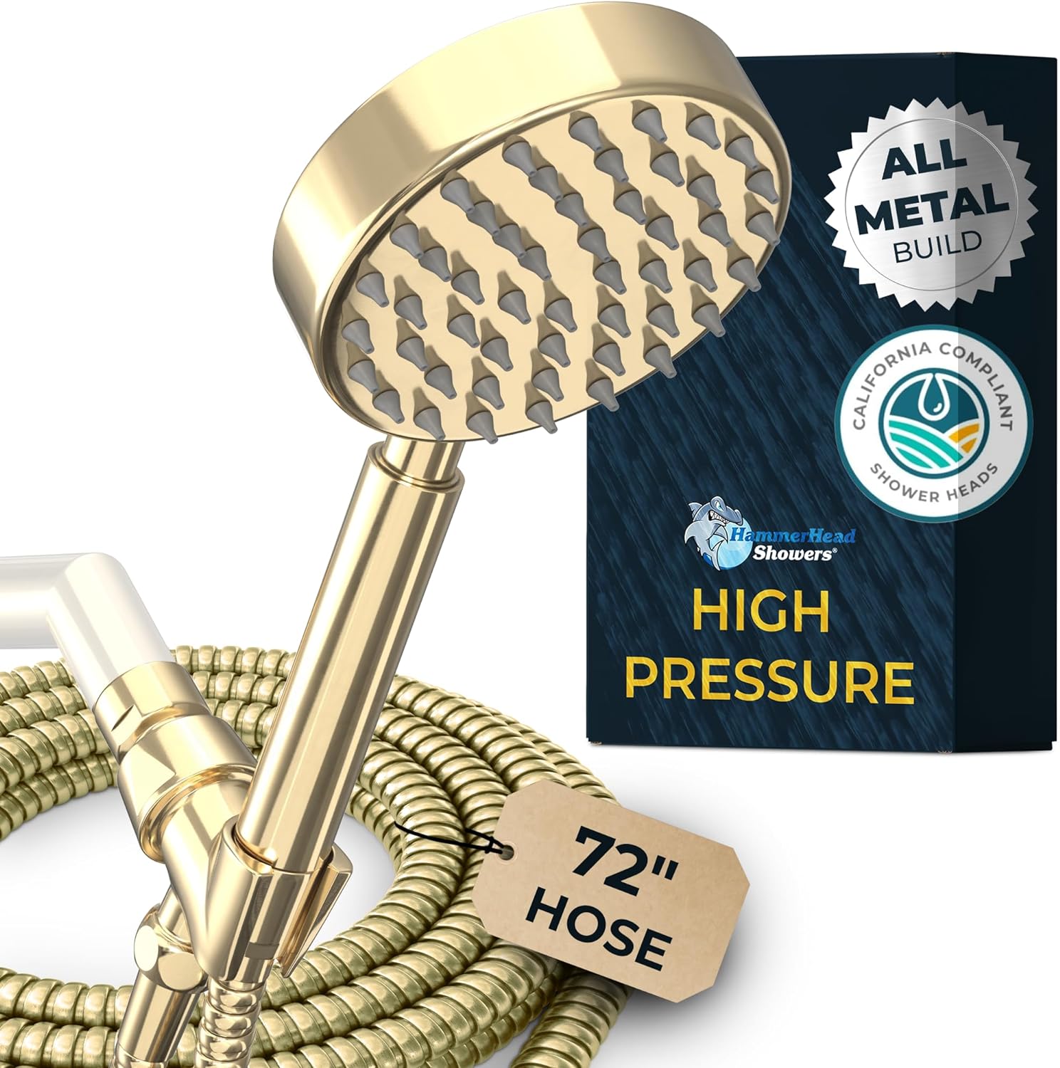 QCAI® ALL METAL LOW FLOW Handheld Shower Head with Hose and Brass Holder POLISHED BRASS