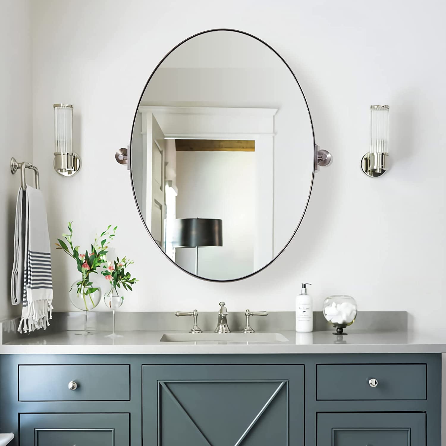 QCAI Brushed Nickel Bathroom Mirror, Oval Pivot Mirror for Bathroom