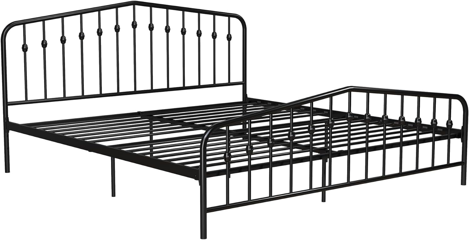 King-Sized Black Pine and Metal Upholstered Bed with Storage Drawer