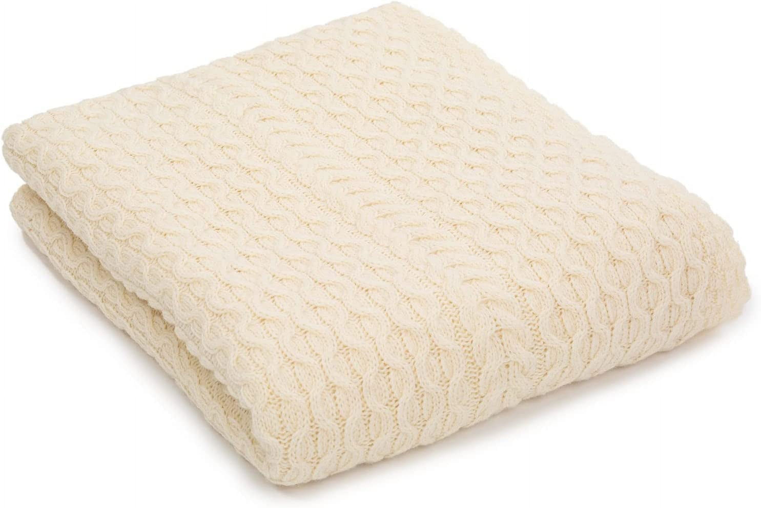 QCAI King Size Bed Throw Blanket Irish Aran Soft Merino Wool 92x78 Inches (Natural)