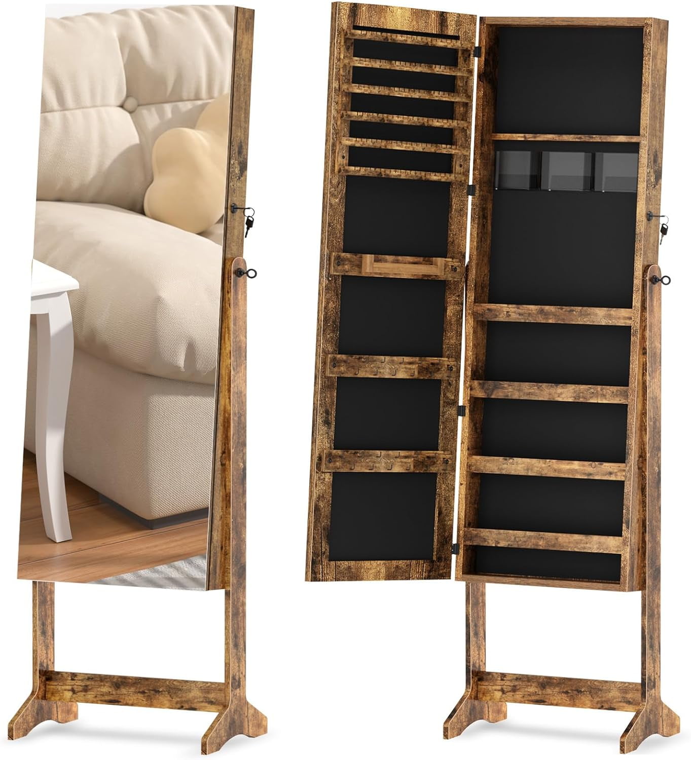 QCAI Mirror Jewelry Standing, Full Length Mirror with Storage, Wooden Jewelry Boxes