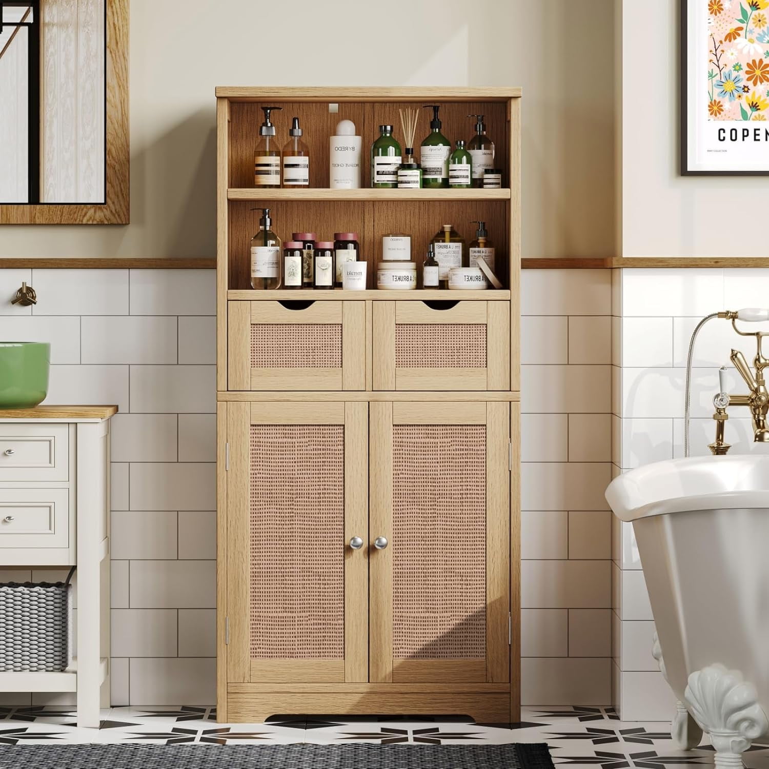 QCAI Rattan Bathroom Kitchen Pantry with 2 Removable Drawers, Bathroom Storage